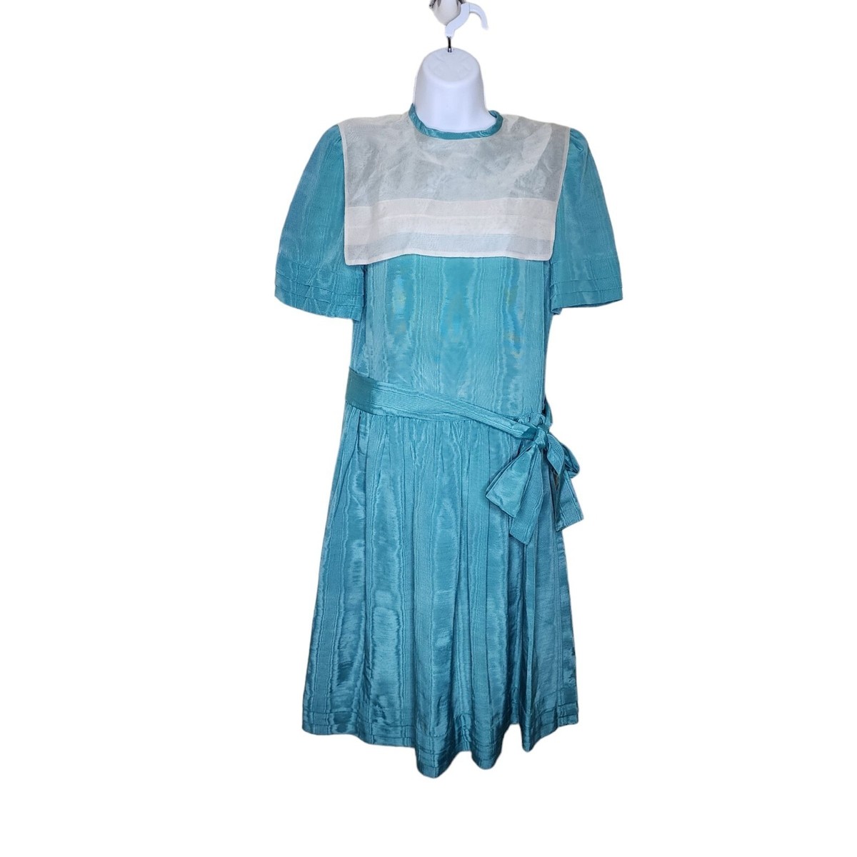 Vintage 80s Drop Waist Dress Womens Size S Turquoise Blue Modest Bib Collar  Loli