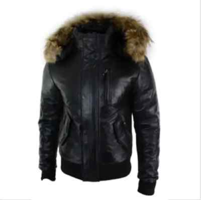 Herren Echt Lammleder abnehmbare Kunstfell Kapuze Schwarz Bomber Winterjacke
