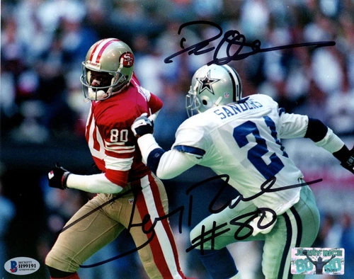 Jerry Rice & Deion Sanders Signed 8x10 49ers - Cowboys HOF w/Rice Holo & Beckett
