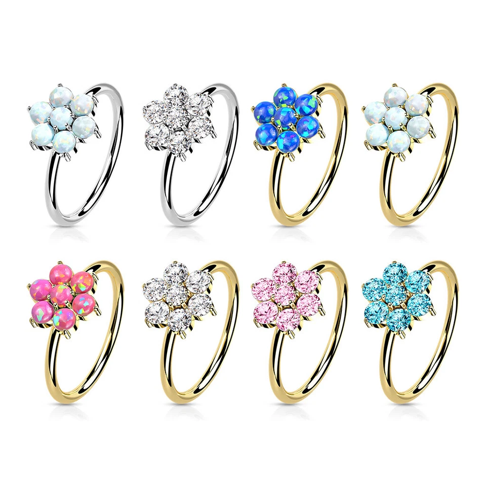 Anillo aro flexible oro 14K ópalo o circonita cúbica conjunto flor calibre 20 bueno para nariz y oreja Foto 3 de 3