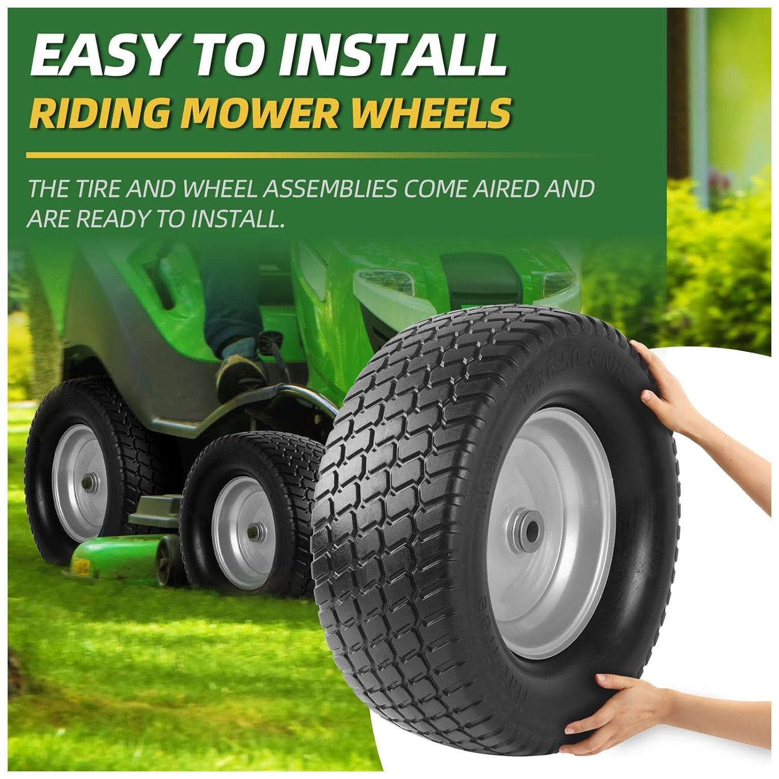 2 Pack 16X6.508 Tire and Wheel Flat Free,Solid Rubber Riding Lawn