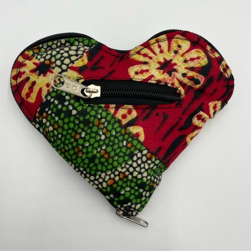 Handmade Tote Bag Heart Shape Zip-Up Fabric Batik Print Red Green Change Pocket - Picture 2 of 11