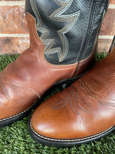 ⭐️Mens Cowboy Western Leather Embroidered Boots⭐️Shaft Green & Brown⭐️Size 9 D⭐️ - Picture 3 of 21