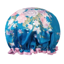 ❤️Wrapables Trendy Satin Shower Cap, Pink Carnation Floral Royal Blue NEW
