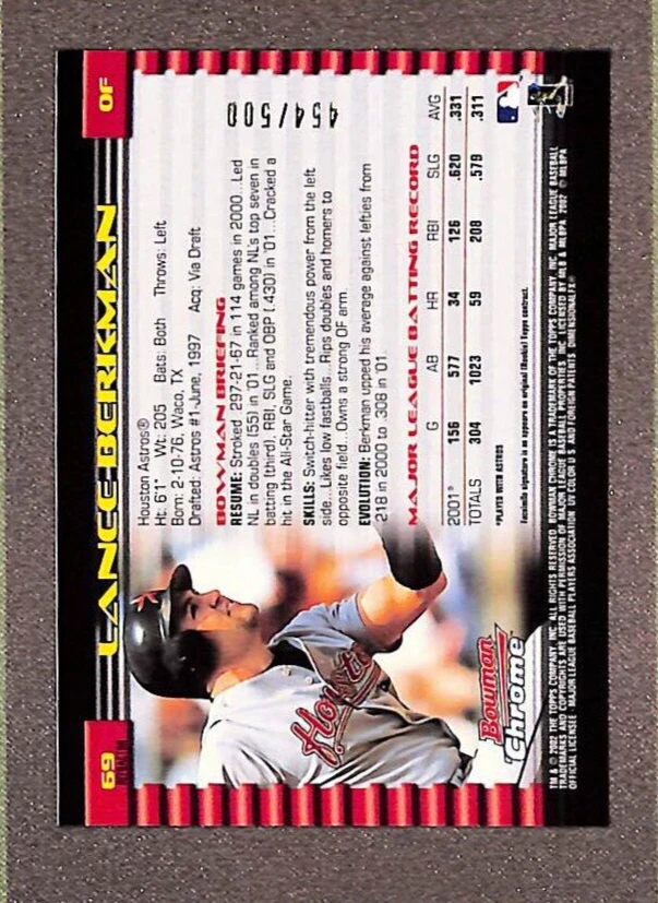 2002 Bowman Chrome #69 Lance Berkman Refractor SP #/500 - Houston Astros - Image 2 of 3