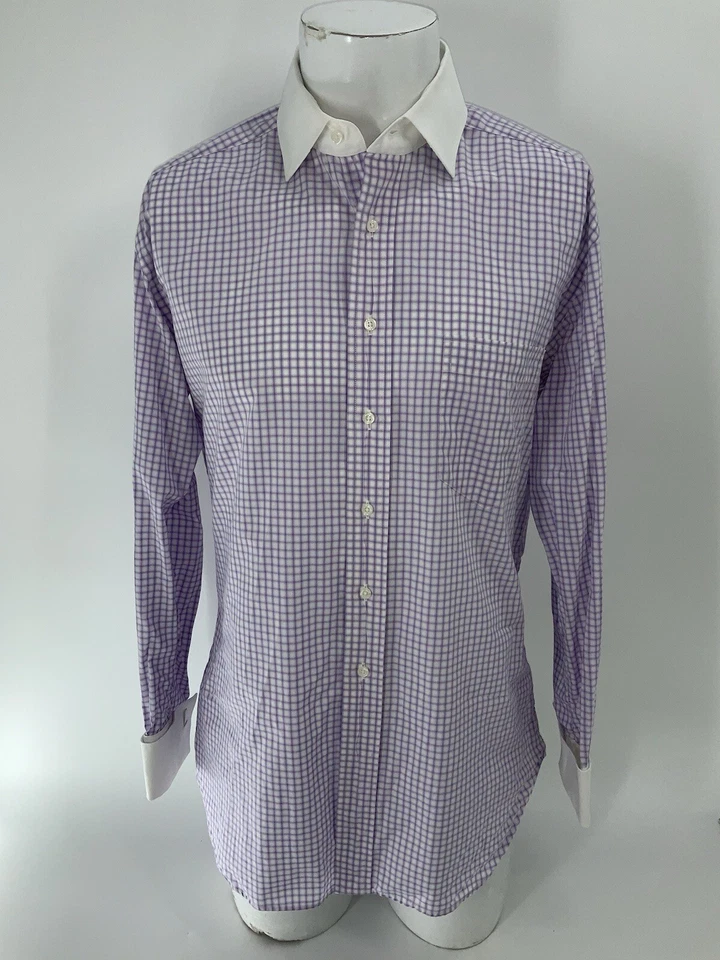 Savile Row French Cuff Dress Shirt 15.5 33 Purple White Check Cotton YGI X4-124 - Image 2 of 4