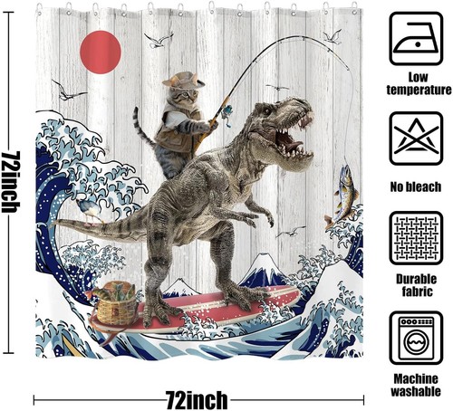 Vibrant Cat Dinosaur Shower Curtain in Gray - Rustic 72''x72'' Bathroom Decor - Picture 9 of 10