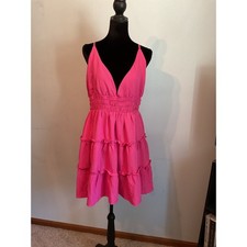 NWT Lulus Tier to Play Hot Pink Ruffle Tiered Mini Dress Smocked Waist V Neck XL