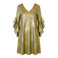 Gibson & Latimer Gold Metallic V-Neck Shift Dress Tiered Ruffle Bell Sleeve Sz-M