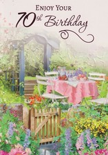 70TH FEMALE HAPPY BIRTHDAY GREETING CARD 7"X5" AFTERNOON TEA GARDEN FLOWERS