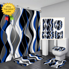 4 Pcs Blue ShowerCurtain Set Black Grey Bathroom Rugs Striped Decor Hooks Modern