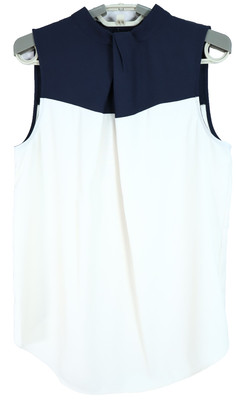 ANN TAYLOR Women's 100% Polyester Tank Top Pleat Front Navy Blue Beige Size S