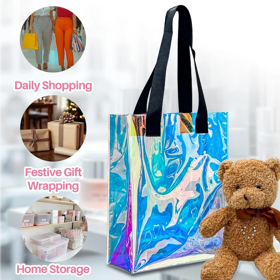 2 PIEZAS Bolsas de Regalo Holográficas - Bolsa de Regalo Iridiscente con Asas Reutilizable Resistente C Foto 3 de 4