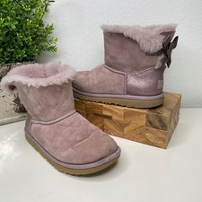 Girls UGG Mini Bailey Bow Glitz Boots Purplish-Pink Sheepskin Fur Lined Size 4