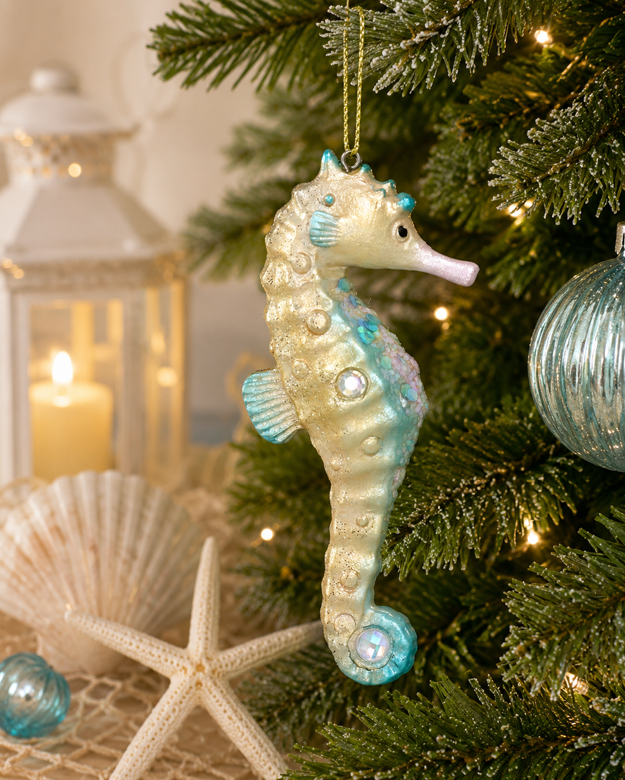 Gisela Graham Seahorse Christmas Tree Coastal Hanging Decoration Gold Blue