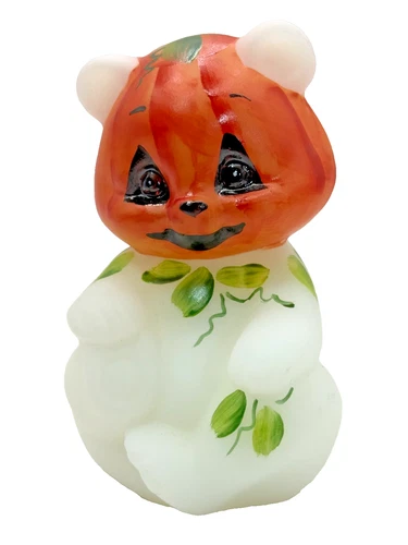 Fenton Art Glass Halloween Pumpkin Sitting Teddy Bear Figurine Signed by Artist