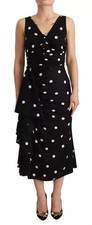 Dolce & Gabbana Black Silk Polka Dots V-neck Sheath Midi Women's Dress