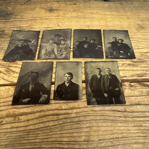 Lot of 7 Antique Mini Tin Type Photographs * 1800s * Men Women * Victorian