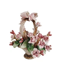 Vintage Nuova Capodimonte Art-Deco Porcelain Pink Rose Bouquet W/Bow 8" Display 