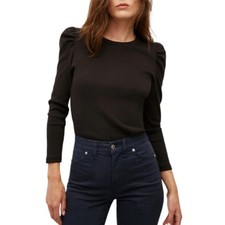 Veronica Beard Britney Top Black Ribbed Knit Puff Long Sleeve Medium Minimalist