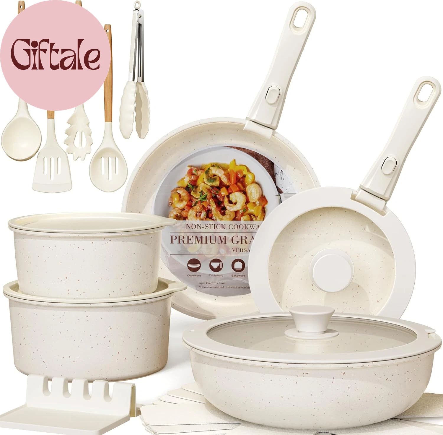 Ceramic Non-Stick Cookware 21 Pcs Pots and Pans Set, Detachable Handle, RV Kitch