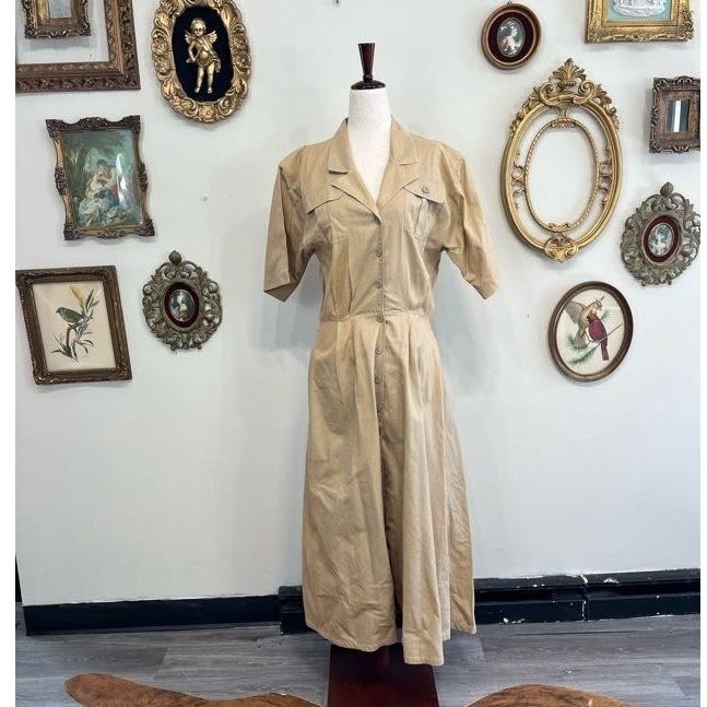 Vintage Y2K Khaki Cotton Safari Midi Shirt Dress Short Sleeve Size 11/12