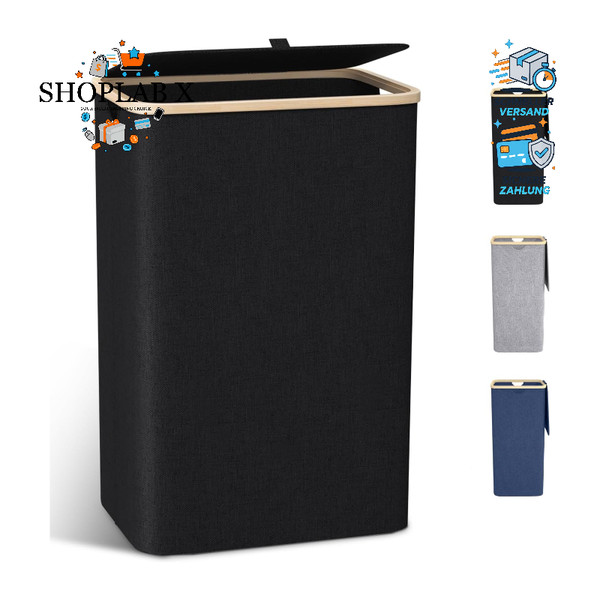 WäSchekorb 100L Schwarz Mit Deckel Bambusdeckel Herausnehmbarer WäSchesack-image