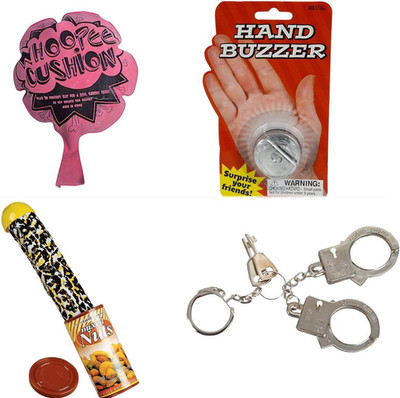 4 Tricks and GAGS, Snake in NUT CAN, Hand Buzzer, WHOOPEE Cushion, Thumb Cuffs B