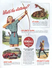 What's the distance? Kendall Motor Oil ad 1945 woman archer; rattlesnake SEP