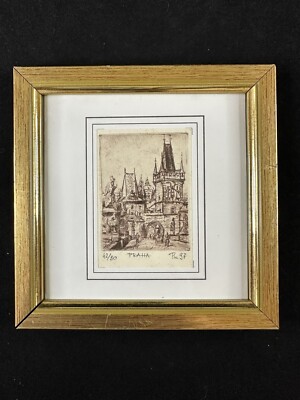 Original Miniature Pencil Drawing Picture Medieval Gothic Architecture Prague