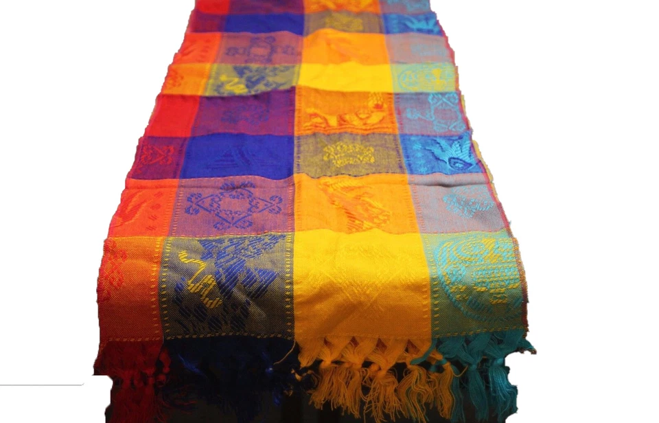 Mexican Mayan Table Runner Colorful Engraved Designs Lightweight 13.75" x 78" - Image 3 of 4