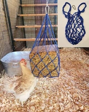 BLUE Chicken Coop Flock Block Bird Seed Hanging Bag Veggie Treat Holder Poultry