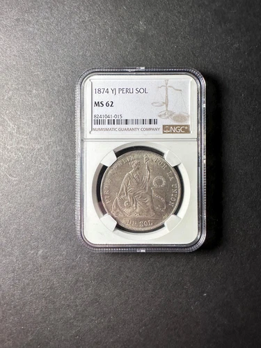 Peru silver sol 1874 YJ toned  uncirculated NGC MS62