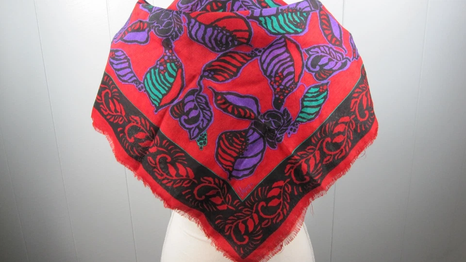 Bufanda Vera Rojo/Púrpura Estampado Botánico Algodón Cuadrado Bordes Deshilachados De Colección Colorido Foto 2 de 4