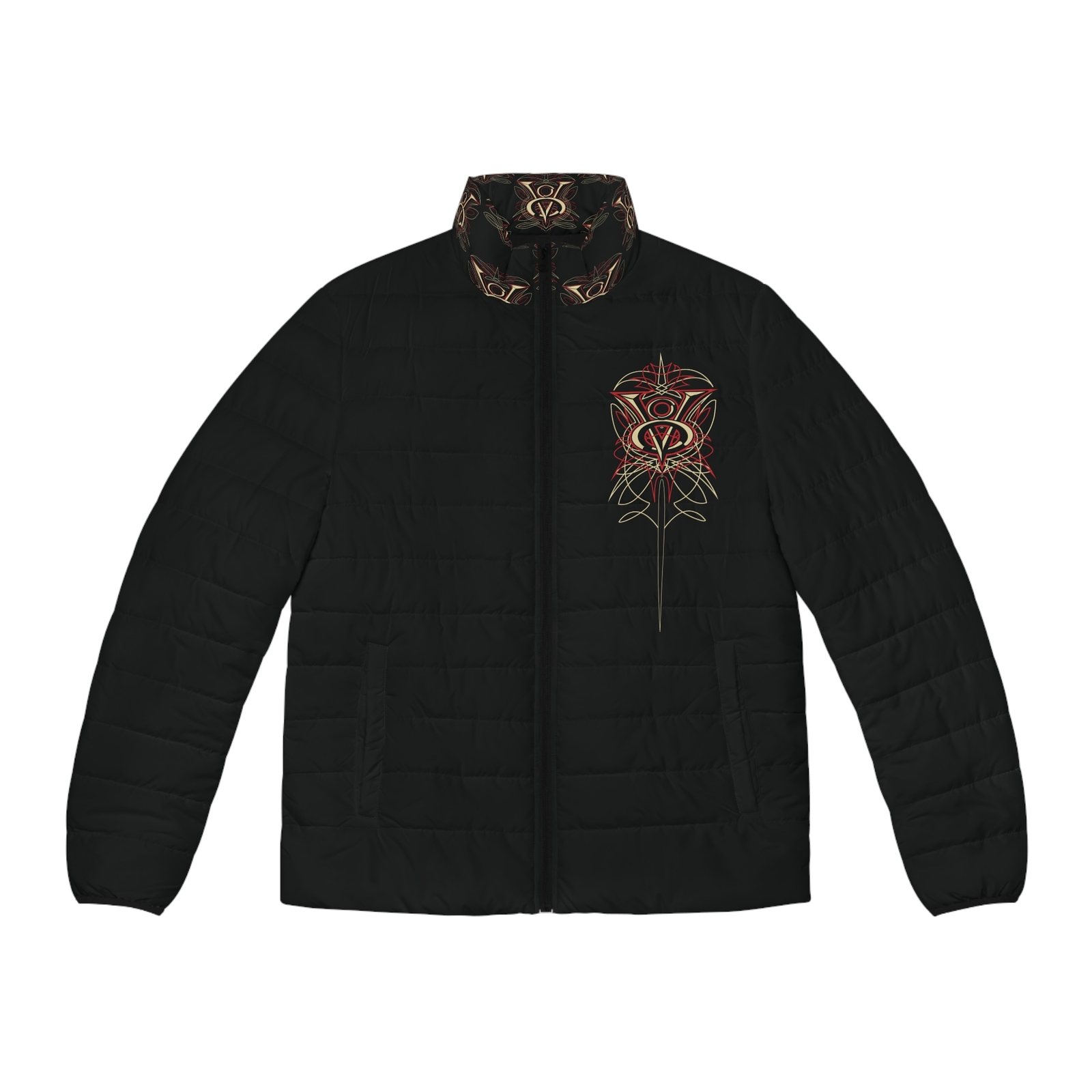 V8 Engine Logo Pinstripe Men's Puffer Jacket All Over Print