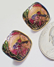 Vtg Koi Fish Lotus Flower Colorful Cloisonn Enamel Square Pierced Earrings