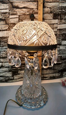 ANTIQUE Heavy Cut Glass Crystal Mushroom Shade PARLOR Lamp 18