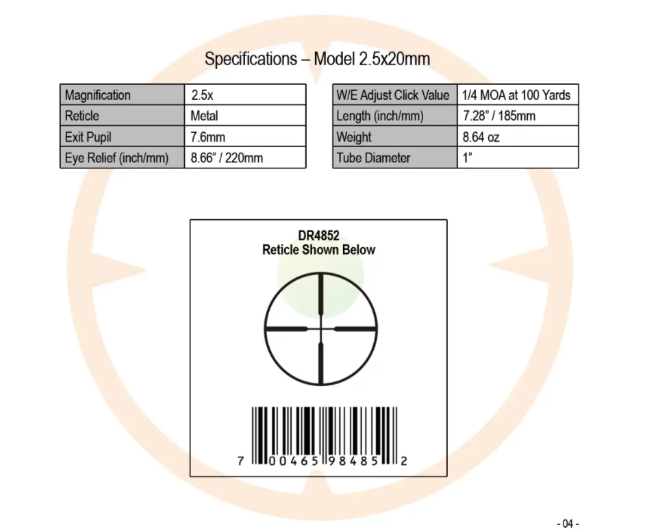 Dead Ringer DR2728 Fixed Magnification 2.5x20mm Firearm Scope with Lens ...