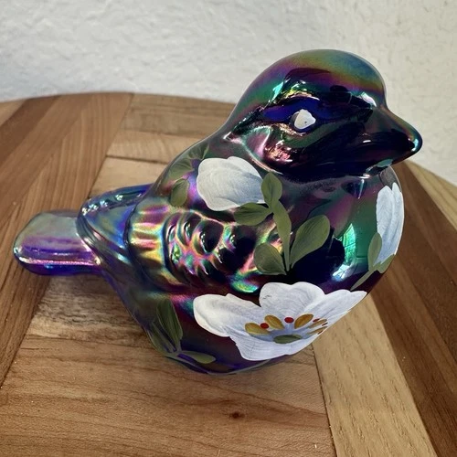 Fenton Blue Iridescent Carnival Glass Bird 4.25" Floral Hand Painted Signed