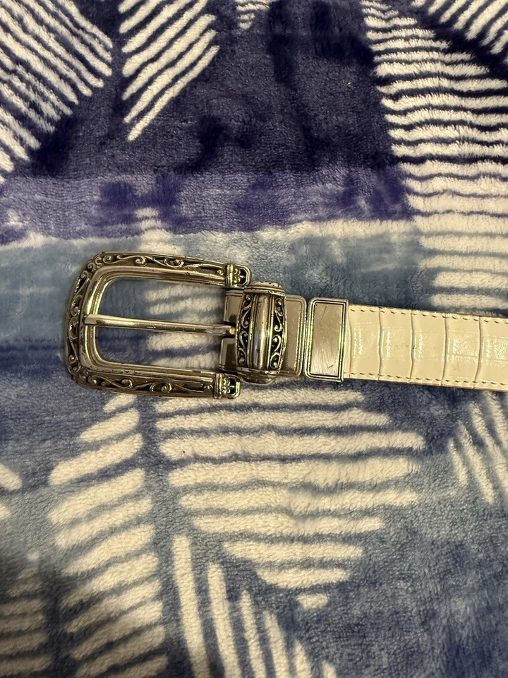 Brighton Reversible Cocodrilo Cuero Repujado Blanco Beige Tostado Plata Western S/28 Foto 2 de 4