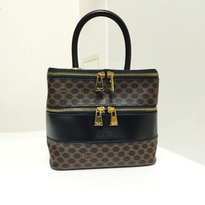 Celine Triomphe Black Macadam Vanity Handbag PVC Leather Gold Double Zip C9712
