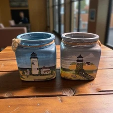 Hand Painted Light House Tealight Candle Holder 3.5" tall Glass Set of 2