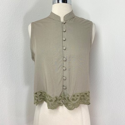 Reds Threads Gray Crop Blouse Med Rayon Eyelet Lace Sleeveless Boho Cottage Y2K