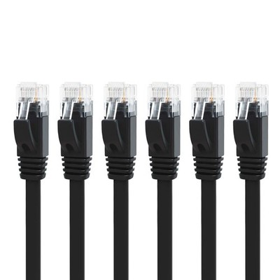 6-Pack 10ft Black Cat 6 Ethernet Cable, Flat, LAN Patch Cord, Snagless RJ45