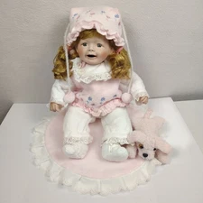 Vintage Porcelain Doll Wintac Enterprise Co. Baby Girl Blond Pink Dog Blanket