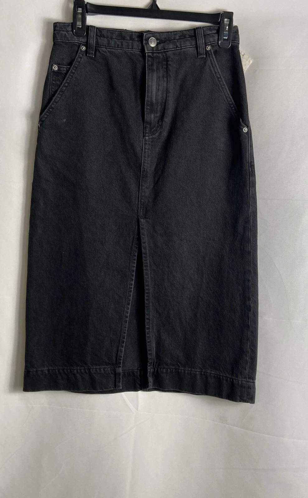 Free People Women's We The Free Black Denim Midi Skirt Front Slit Sz 25 NWT