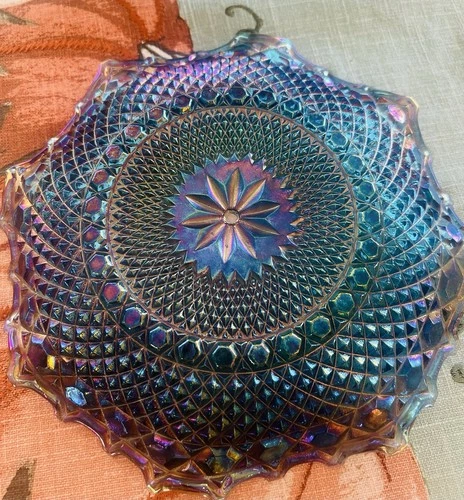 Vintage Indiana Glass Iridescent Blue Carnival Diamond Point Ruffled Bowl