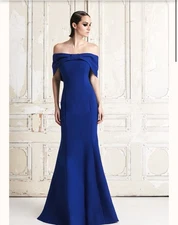 Alexander by Daymor 767 Off Shoulder Gown Blue Size 12 NWT – Draped Ribbon Panel