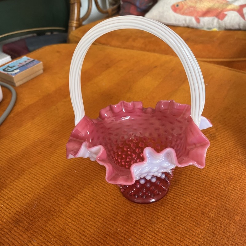 Vintage Fenton 7" Cranberry Opalenscent Hobnail Basket, 3887 CR