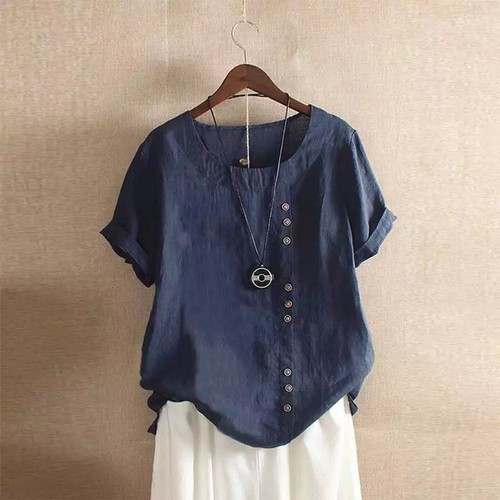 Womens Short Sleeve Pullover Loose Blouse Plus Size cotton and linen T Shirts - Picture 13 of 28